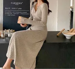 ワンピース 長袖 レディース ミディアム ニットワンピース ニット aライン Vネック プリーツ フェミニン 大人 可愛い おしゃれ シンプル 弾力性 ストレッチ ゆったり エレガント タイトフィット スタイルアップ メリハリライン 美シルエット