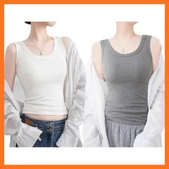 【新品】 [Pneito] タンクトップ レディース おしゃれ 3サイズ リブ インナー レディース ブラ紐隠し キャミソール 脇下隠し・胸元隠し 重ね着 通気性 伸縮性 部屋着 夏 7色 (ホワイト+グレー, L) 0