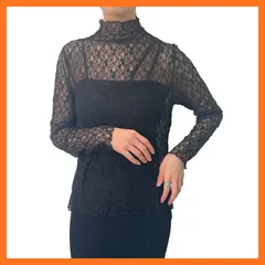 【新品】 [神戸レタス] シアー レース インナートップス レディース レイヤード 重ね着 モックネック 長袖[C6433] L メロウレースブラック 0