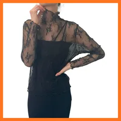 【新品】 [神戸レタス] シアー レース インナートップス レディース レイヤード 重ね着 モックネック 長袖[C6433] L メロウ花レースブラック 0