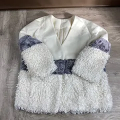 ファー×ボア　ノーカラーコート　ホワイト×グレー　サイズL　レディース   26WK0039