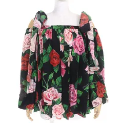 極美品△DOLCE&GABBANA ドルチェ＆ガッバーナ F73G6T 黒タグ シルク100％ ローズ 薔薇柄 肩ストラップ・リボン付き オフショルダー フレア ブラウス ブラック マルチカラー 38 イタリア製 正規品 レディース