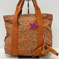 7811　KIPLING キプリング　トートバッグ　ハンドバッグ　手提げ　オレンジ系　豹柄　レオパード　チャーム付き　モンキー　カジュアル