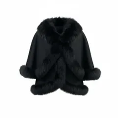 45a15 ブルーフォックス × カシミヤ100％ ポンチョ ケープ サイズM ブラック 本毛皮 Fox Fur Cashmere Capet18r