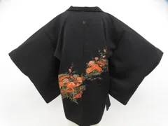 【一輝堂】黒羽織 縫い紋 金糸 花 扇子 羽織紐付 正絹 着物 身丈約76cm 裄丈約64cm 26z01-46