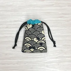 ミニ巾着 青海波柄 ねこ 小物入れ お守り袋 リップポーチ 印鑑袋 鍵入れ アクセサリー袋 ☆ ハンドメイド