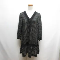 ハッシュアッシュ HusHusH 七分袖 ドット柄 シアー チュニック ワンピース 2 黒 ブラック レース装飾 リボン