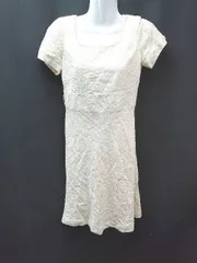 ◇ PROPORTION ツイード サイドジップ 切替 裏地 くるみボタン 半袖 ひざ丈 ワンピース サイズ2 ホワイト レディース E  【1305180023474】