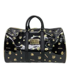 中古 マークアンドロナ MARK&LONA ボストンバッグ 黒×金×カーキ エナメル スカル リーフ 総柄 ロゴプレート カモフラ ロッカーバッグ