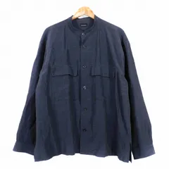 グリーンレーベルリラクシング ユナイテッドアローズ green label relaxing Wパッチポケット バンドカラー シャツ ブルゾン 長袖 麻混 リネン混 無地 L 紺 ネイビー トップス