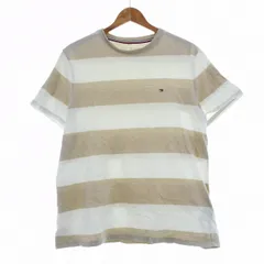 トミーヒルフィガー TOMMY HILFIGER Tシャツ カットソー 半袖 クルーネック コットン ボーダー ロゴ L ベージュ トップス