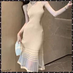 ニットワンピース レディース 春夏秋冬可愛い ノースリーブワンピ ラウンドネック タイトワンピース ドッキング ひざ丈 シンプル 上品 カジ