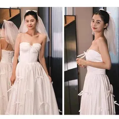 新品 未使用 フレンチスタイル 抹胸 ウェディングドレス ブライダル 高級感 大人可愛い ビスチェ ロングドレス シンプル 白 リボンデザイン