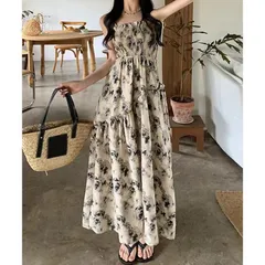 春 夏 秋 花柄 キャミワンピース 胸元シャーリング