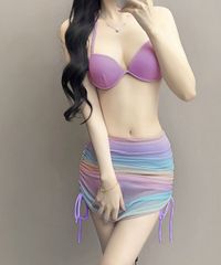 Colorful 4-Piece Swimsuit Set for Women, Halter Neck, Bikini, Sun Protection, Long Sleeves, Top, Drawstring Mini Skirt