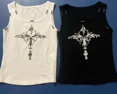 まとめ売り) Y2K十字架プリンティング フレンチスリーブ タンクトップ ブラック/白 ノースリーブ