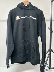 CHAMPION ビッグロゴ 袖ワッペン パーカー ブラック XL US古着