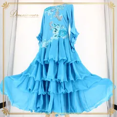 社交ダンス 衣装 スタンダード ドレス ワンピース パーティドレス レディース オールシーズン 水色 ライトブルー系 フリル スパンコール 派手 ライトブルー フォーマル フェスティバル フラワー モチーフ エレガント オシャレ ダンスウェア ステージ衣装