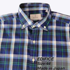 EDIFICE ボタンダウンシャツ 日本製 コットン100% チェック 44 メンズ M相当 ネイビー系 ビジネスカジュアル