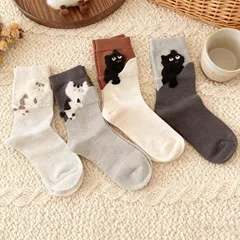 猫デザイン ソックス 4足セット レディース くつ下 ナチュラルカラー ネコ