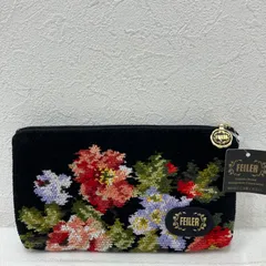 8028　良品　FEILER フェイラー　ポーチ　シュニール織り　タオル地　マルチケース　ペンポーチ　ペンケース　筆箱　バニティ　横型　マチあり　黒　ブラック　カラフル　花　フラワー　タグ付き