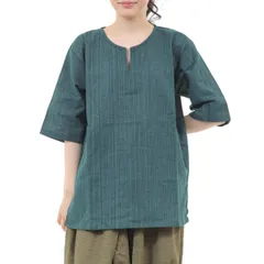 [沖縄技研] エスニック シャツ ストライプ ５分丈 メンズ レディース ユニセックス キーネック アジアン (ゆったりM, ダークグリーン) [ダークグリーン] [M]