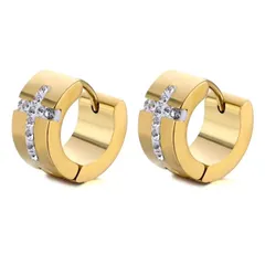 リングピアス 幅広 十字架 クロスデザイン きらきらストーン付き メンズ レディース 両耳 2つ入り シルバー ゴールド ブラック 肌に優しい ステンレス素材 (ゴールド) [ゴールド]