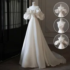 4way ウェディングドレス ウエディングドレス 付け袖 二次会 結婚式 披露宴 前撮り 袖あり ロングドレス 花嫁 Aラインドレス サテン ビスチ