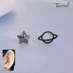 アシンメトリー ピアス 星 土星 ブラック シック バレンタイン プレゼント S925 メンズ レディース 宇宙 ユニセックス 左右非対称 大人 落ち着いた ギフト 彼氏へ 彼女へ ホワイトデー 神秘 シンプル プラネット
