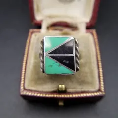 C-R Zunie ズニ族 トライアングル ターコイズ オニキス インレイ 925 シルバー ヴィンテージ リング 指輪 銀 インディアンジュエリー R13-F