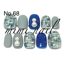 No.68 ネイビー＆ブルーツイードネイルチップ ハンドメイド ジェルコート済
