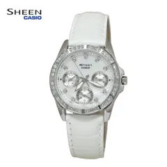 【アウトレット 特価】CASIO カシオ SHEEN シーン レディース 女性用 腕時計 SHN-3013L-7A パール文字盤 スワロフスキー アナログ ホワイト シルバー 曜日 日付 24時間計 日本製ムーブメント レザーベルト ビジネスウォッチ