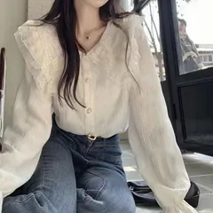 ブラウス 即購入OK レディース おしゃれ ラッフル襟 フリル シアー トップス シアートップス シアーシャツ パフスリーブ シャツ シフォンブラウス 長袖 オフィス カジュアル 上品 きれいめ 華やか 韓国 santao02