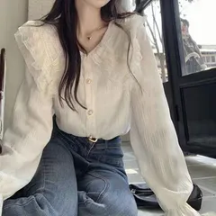 ブラウス 即購入OK レディース おしゃれ ラッフル襟 フリル シアー トップス シアートップス シアーシャツ パフスリーブ シャツ シフォンブラウス 長袖 オフィス カジュアル 上品 きれいめ 華やか 韓国 santao02