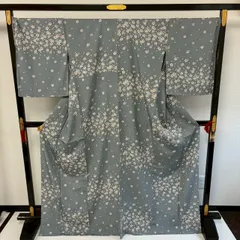 小紋 単衣 トールサイズ 裄72 縮緬 市松に花柄 パールトーン加工 正絹 着物 MK-3072