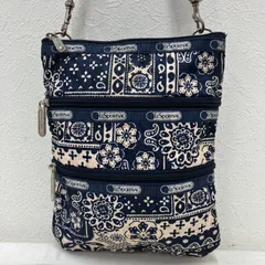 8112　LeSportsac　レスポートサック　 ショルダーバッグ　斜めがけ　紐調節可能　 3ZIP　花　ペイズリー　総柄　ナイロン　 軽量　ネイビー系　ミニバッグ　 レディース