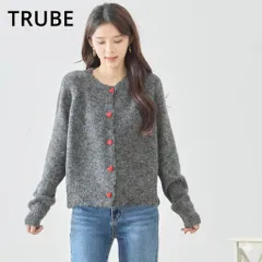 ☆SALE★現品限り★【TRUBE】ハートボタン ウール混ニットカーディガン チャコールグレー M~L(N15-181A)レディース トップス 羽織り ショート丈 ハート 暖かい 大人可愛い きれいめ モード ママ