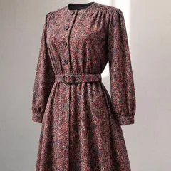 80's レトロ ワンピース フラワー レオパード風 花柄 古着 ヴィンテージ クラシカルワンピース ノーカラー Japanvintage