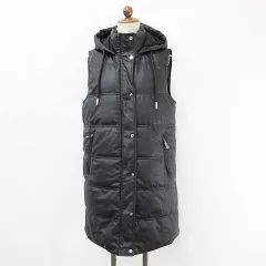 ザラ ZARA ベスト 中綿 ジップアップ スタンドカラー フード ロング フェイクレザー 黒 ブラック S