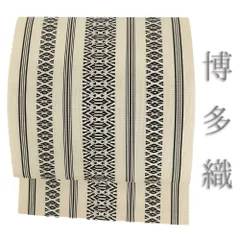 名古屋帯 博多織 新古品 夏帯 白 紗 三献上 紗献上 クリーム色 黒 正絹 仕立て上がり 夏物 カジュアル お洒落 八寸 No.i6-2564