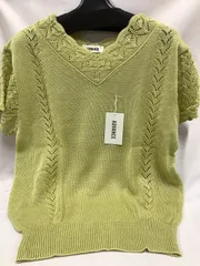 レディース　半袖ニット　Vネック　透かし編み　Mサイズ　グリーン系　S006