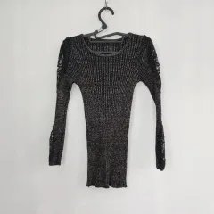 0019 銀糸 パール ブラック ゴージ ニット レイ ス POINT 長袖Tシャツ フリーサイズ