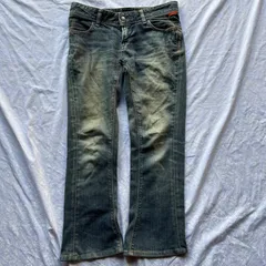 Y2K 平成 グランジ ロック ブーツカット フレアデニム パンツ ストレッチ 綿95 ポリ5 鬼ヒゲ 色落ち ヴィンテージ加工 ローライズ W31相当 古着