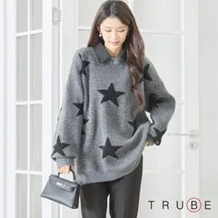 ★最終セール価格￥3,790★残り1点【TRUBE】スタージャガード付替襟 ニット プルオーバー チャコールグレー M~L  (N15-288)レディース 婦人服 セーター 星柄 大人可愛い きれいめ 秋 冬 春 ママ 20代 30代 40代 50代