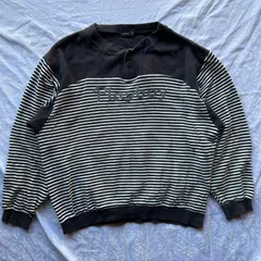 PLAYBOY プレイボーイ ヘンリーネック 切替ボーダースウェット L 短丈ワイド ロゴプリント 黒×白グレー Y2K グランジ ストリート アメカジ 古着