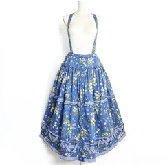 【美品】ピンクハウス★ギンガムパッチワーク♪スミレptの吊りスカート 青系 前開き フリル&ミニリボン z17142