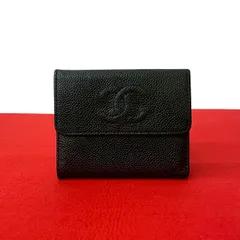 極 美品 シール有 7番台 CHANEL シャネル ヴィンテージ ココマーク キャビアスキン レザー 本革 三つ折り 財布 ウォレット ブラック 32964