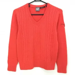 【美品】プーマ セーター レッドオレンジ 前面ケーブル編み ウール混 ニット レディース M ゴルフウェア PUMA