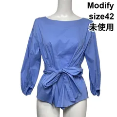 ◇ 未使用 モディファイ Modify ブラウス  シャツ 七分袖 ボートネック リボンタイ ライトブルー コットン混 42 L 11号 レディース S6A224のサムネイル