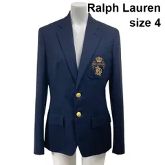 ◆ ラルフローレン Ralph Lauren テーラードジャケット エンブレム ブレザー 刺繍 金ボタン ネイビー 毛100% 4 M ９号 レディース S6A202